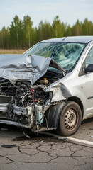 Damaged car with crumpled front, shattered windshield, and exposed engine after road accident on asphalt, showing severe collision impact and destruction
