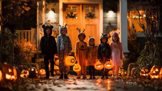 Halloween night trick or treat fun for child group in costume with glowing pumpkin