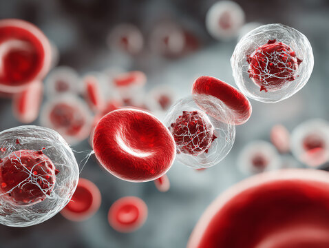 Microscopic view of blood cells and bacteria in vibrant detail.