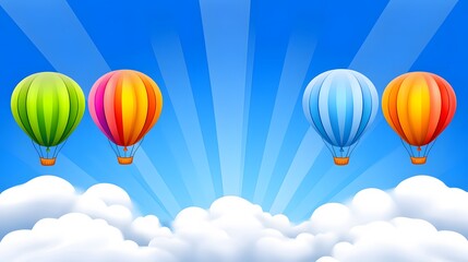 Naklejka premium Vibrant Colorful Hot Air Balloons Soaring Above Clouds Sunny Sky