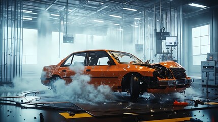 Totaled orange car amid smoke in high tech crash test simulation lab with dramatic impact aftermath for automotive safety accident analysis engineering concept
