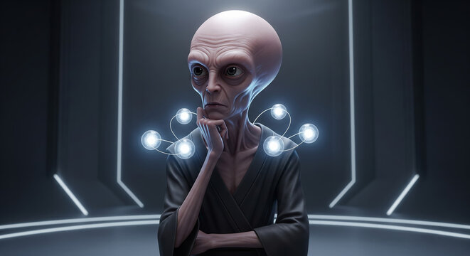 Intelligent extraterrestrial with large head and glowing orbs around shoulders, standing in high-tech sci-fi chamber, detailed 3D render for alien intelligence concepts