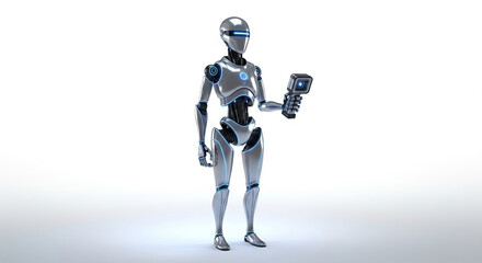 Fototapeta premium Advanced android with metallic body and glowing blue accents, equipped with handheld device, front view on clean background for futuristic design concepts