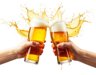 Two Beer Mugs Clinking with Splash and Foam Burst, isolated on transparent background PNG