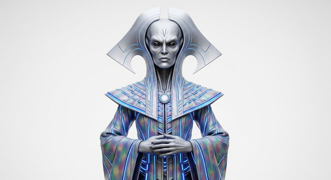egal alien queen in elaborate holographic robe with glowing blue circuitry patterns, high-detail 3D render on pure white background for sci-fi and fantasy character design