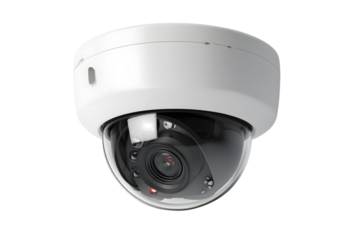 Indoor surveillance camera with white dome housing displayed on a crisp white transparent background