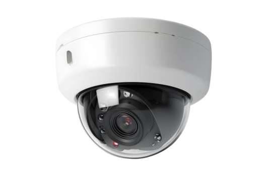 Indoor surveillance camera with white dome housing displayed on a crisp white transparent background