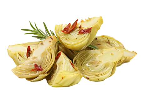 Marinated artichoke hearts in olive oil with sun-dried tomatoes and oregano, offering a flavorful Mediterranean delicacy. Perfect for appetizers or gourmet dishes
