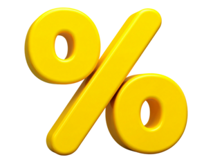 Minimal Yellow Percent Sign 3D Icon in Glossy Plastic Cartoon Style, isolated on transparent background PNG