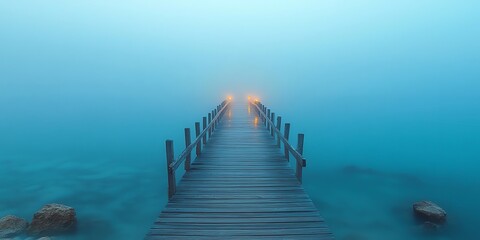 Obraz premium Wooden Pier Leading into Misty Blue Water