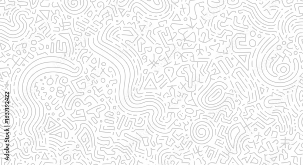 Poster intricate grey line art pattern with geometric shapes and swirls.
