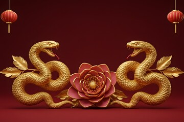 Obraz premium luxury red and gold chinese snake new year background with copy space for text, snake year. With generative ai