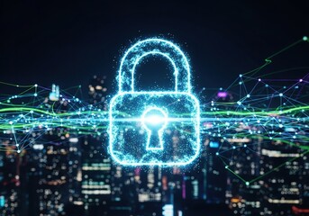 Glowing blue digital lock symbol over a futuristic cityscape at night