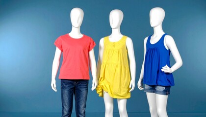 Three mannequins dressed in casual kids wear, isolated on blue background. 