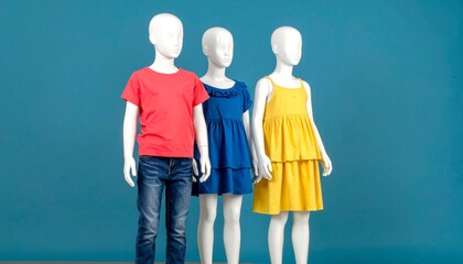 Three mannequins dressed in casual kids wear, isolated on blue background. 
