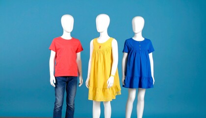 Three mannequins dressed in casual kids wear, isolated on blue background. 