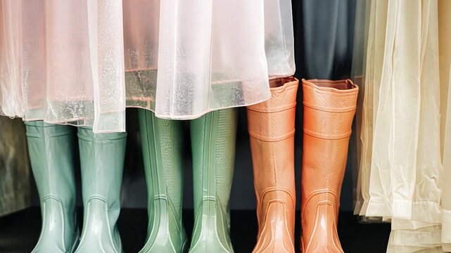 Pastel raincoats and matching rubber boots hang neatly in a row, showcasing a coordinated and stylish look