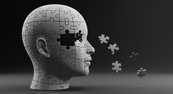 Mind Puzzle: A thought-provoking image of a human head formed from jigsaw puzzle pieces, one missing, symbolizing complexity of mind and problem-solving.