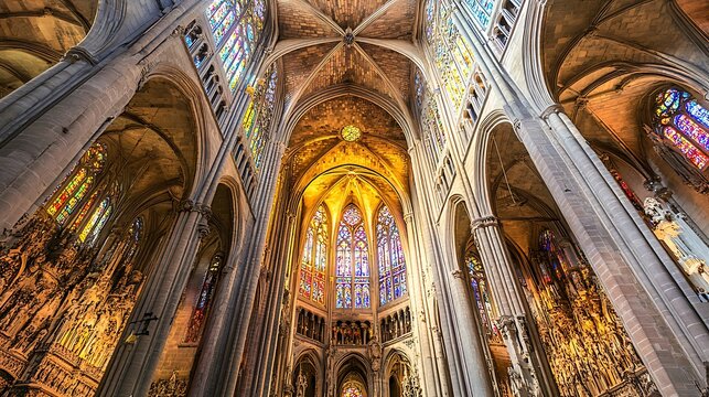 Impressive view with towering interior of Metz Cathedral soaring vaulted ceilings ribbed arches vibrant stained glass windows for intricate gothic architecture and cultural heritage concept