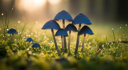 Enchanting morning light bathes delicate mushrooms amidst dewy meadow grass creating a magical scene