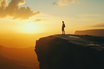 Person standing on cliff at golden sunrise
