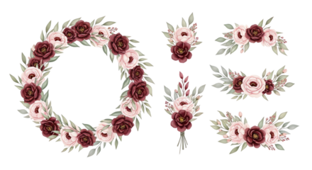 Illustration of burgundy and pink floral elements isolated on transparent background