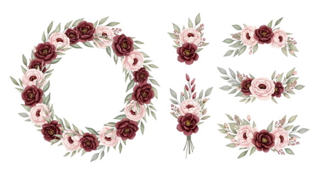 Illustration of burgundy and pink floral elements isolated on transparent background