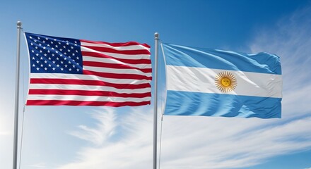 Fototapeta premium American and Argentinian flag waving in the air