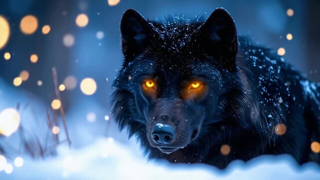 Black wolf glowing eyes snow