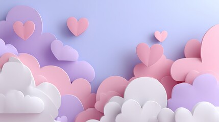 Abstract paper cut clouds and floating hearts in a soft pastel sky real photo stock image