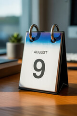 Desk Calendar Displaying August 9th on a Wooden Desk with a Plant and Computer in the Background