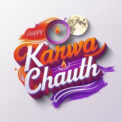 Colorful Happy Karwa Chauth Typography with Moon and Diya Elements on Artistic Background, AI-Generated