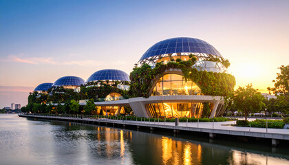 Discover unique architecture at sunset featuring modern buildings with glass domes, lush greenery, and beautiful water reflections, perfect for travel, design, or sustainable living projects