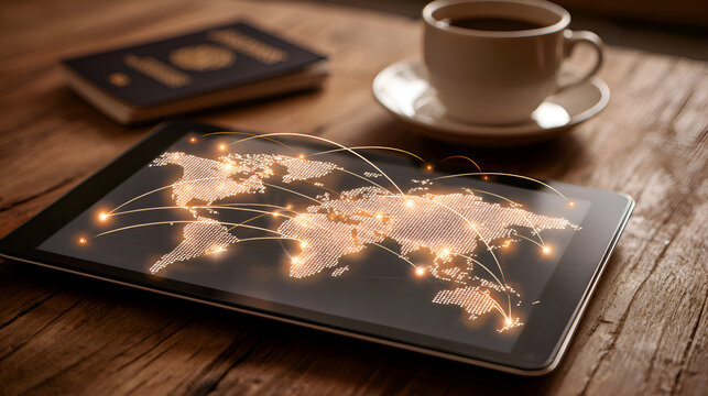 A tablet displays a glowing world map with connecting lines, next to a passport and coffee. The scene evokes global travel, business, and international connections.