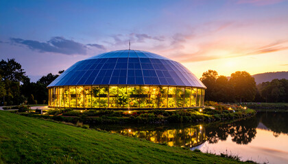 Obraz premium Stunning twilight view of a modern botanical garden greenhouse reflecting on the serene water, a calming oasis perfect for nature lovers and mindful escapes