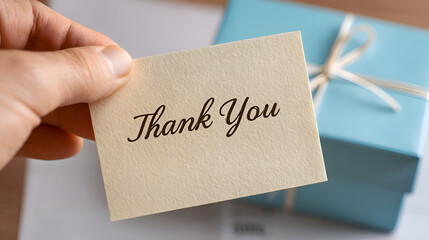 A hand holds a 'Thank You' card in front of a blue gift box. The warm and sincere scene is perfect for expressing gratitude, appreciation, and thanks.