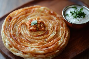 Golden flaky paratha is served with creamy yogurt and a savory topping. Use this image for menus, blogs, or ads featuring Indian cuisine.