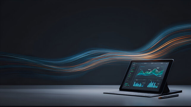 A tablet displaying a data dashboard with flowing light trails, symbolizing high-speed data. The dynamic, futuristic scene is perfect for tech, finance, and internet themes.