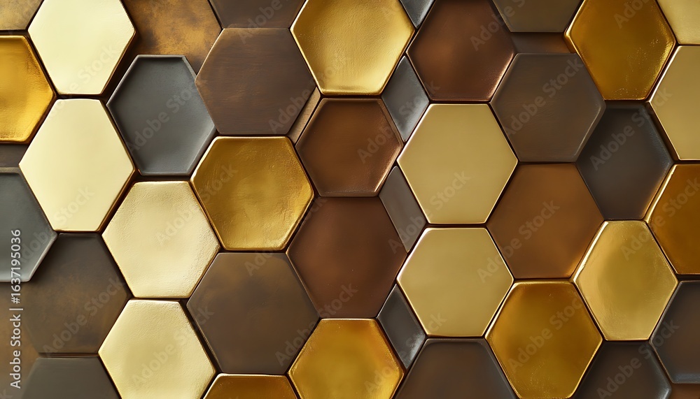 Poster geometric hexagonal shapes in varying shades of gold and bronze with a glossy finish that creates a 