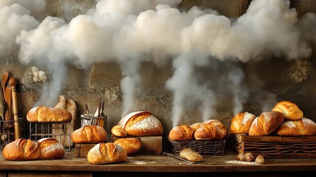 Baked bread with clouds of steam