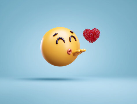A yellow emoji sending a kiss with a red heart floating on a blue background