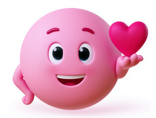 Fototapeta premium A pink emoji character holding a pink heart on a white background studio shot