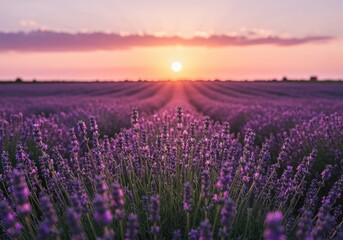 Naklejka premium Sunset over purple lavender field, rows of flowers, peaceful scene, idyllic summer evening