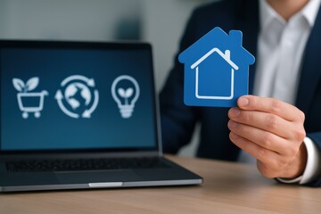 Energy audit home. A professional holding a house icon in front of a laptop displaying eco-friendly graphics.