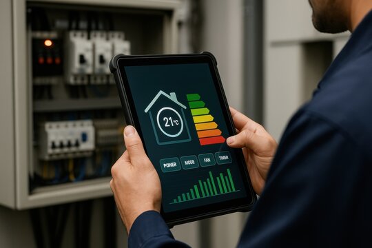 Energy audit home. Smart home energy management displayed on a tablet in front of an electrical panel.