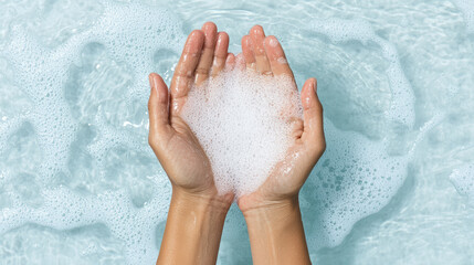 Fototapeta premium Washing hands with foam in clear water creates refreshing and clean feeling
