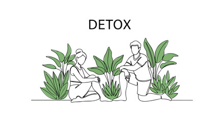 Conceptual detox with people sitting near green plants, wellness concept. Detox includes man and woman in garden. Use this detox image for blog about healthy lifestyle,