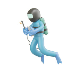 3d illustration of underwater welder in blue safety suit using torch and gear, engaged in marine...