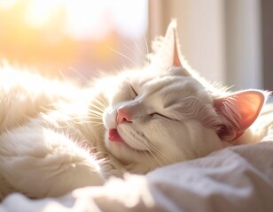 Obraz premium 햇살 속 평화롭게 잠든 흰 고양이 White Long-haired Cat Sleeping Peacefully in Sunlight
