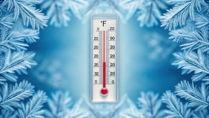 A thermometer displaying a very low temperature, surrounded by frost patterns, symbolizing extreme cold and winter weather conditions